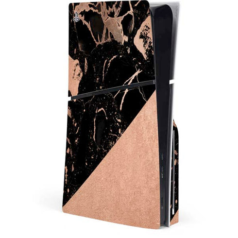 Black and Rose Gold Marble Split PlayStation PS5 Skins