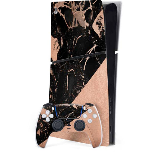 Black and Rose Gold Marble Split PlayStation PS5 Skins