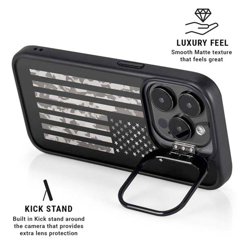 Black and White Camo American Flag iPhone 13 Pro Max Kickstand Case