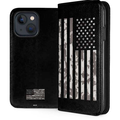 Black and White Camo American Flag iPhone 15 Folio Case