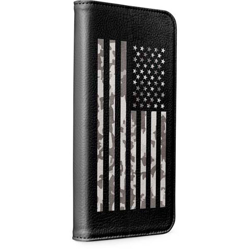 Black and White Camo American Flag iPhone 15 Folio Case