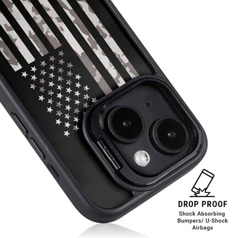 Black and White Camo American Flag iPhone 15 Kickstand Case