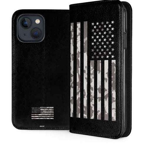 Black and White Camo American Flag iPhone 15 Plus Folio Case