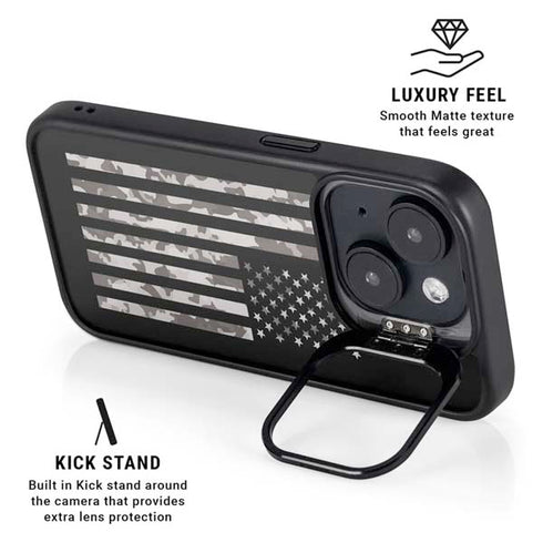 Black and White Camo American Flag iPhone 15 Plus Kickstand Case