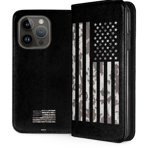 Black and White Camo American Flag iPhone 15 Pro Folio Case