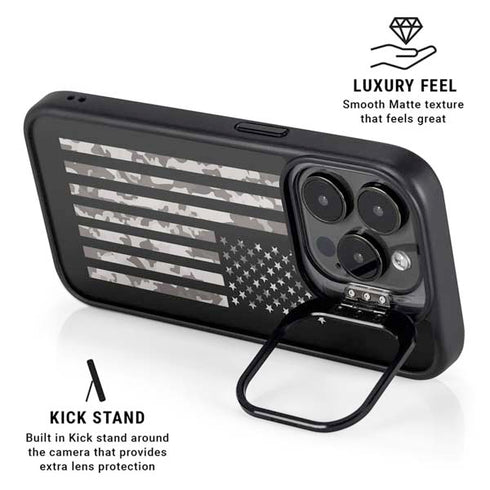 Black and White Camo American Flag iPhone 15 Pro Max Kickstand Case