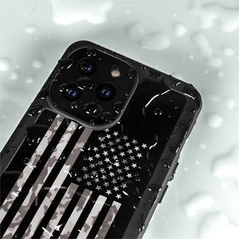 Black and White Camo American Flag iPhone 15 Pro Waterproof Case