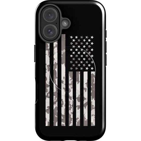 Black and White Camo American Flag iPhone 16 Magsafe Impact Case