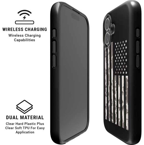 Black and White Camo American Flag iPhone 16 Magsafe Impact Case