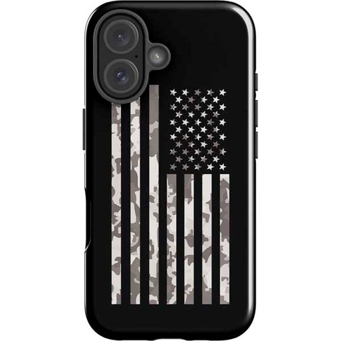 Black and White Camo American Flag iPhone 16 Plus Impact Case