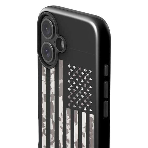 Black and White Camo American Flag iPhone 16 Plus Impact Case