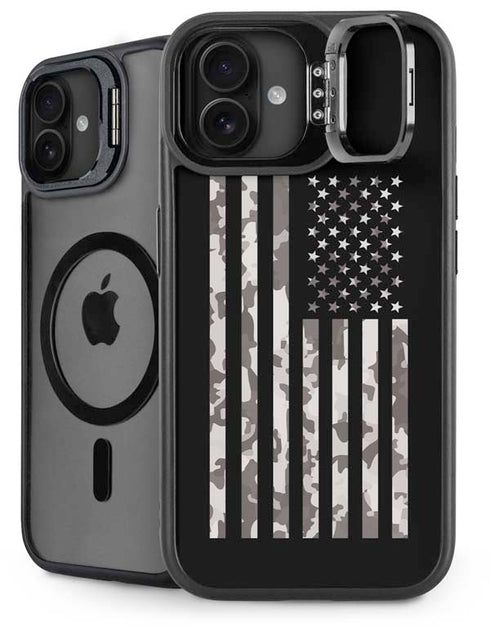 Black and White Camo American Flag iPhone 16 Plus Kickstand Case