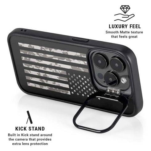 Black and White Camo American Flag iPhone 16 Pro Kickstand Case