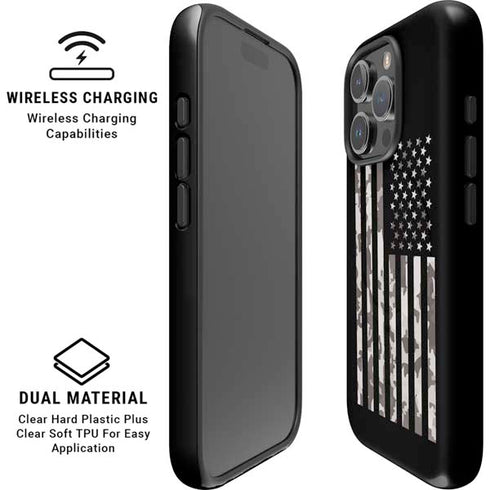 Black and White Camo American Flag iPhone 16 Pro Magsafe Impact Case
