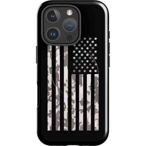 Black and White Camo American Flag iPhone 16 Pro Max Magsafe Impact Case