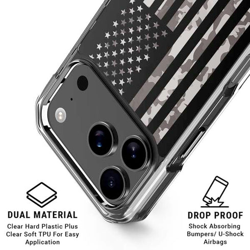 Black and White Camo American Flag iPhone 17 Pro Clear Case