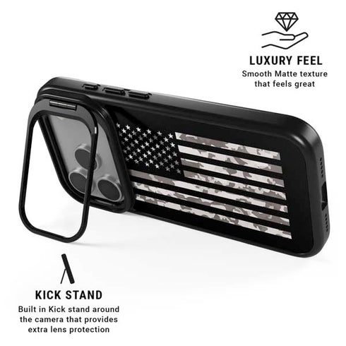 Black and White Camo American Flag iPhone 17 Pro Max Kickstand Case