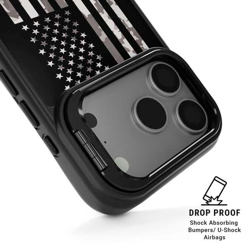 Black and White Camo American Flag iPhone 17 Pro Max Kickstand Case