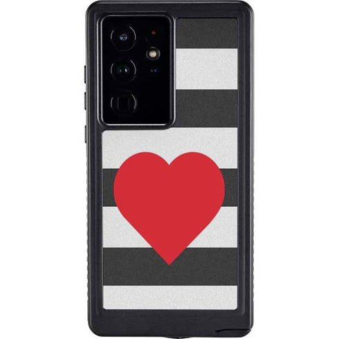 Black And White Striped Heart Galaxy S24 Ultra Waterproof Case