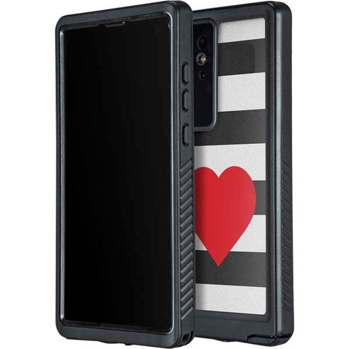 Black And White Striped Heart Galaxy S24 Ultra Waterproof Case