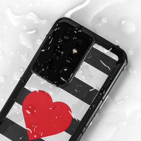 Black And White Striped Heart Galaxy S24 Ultra Waterproof Case