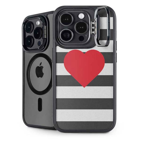 Black And White Striped Heart iPhone 15 Pro Max Kickstand Case