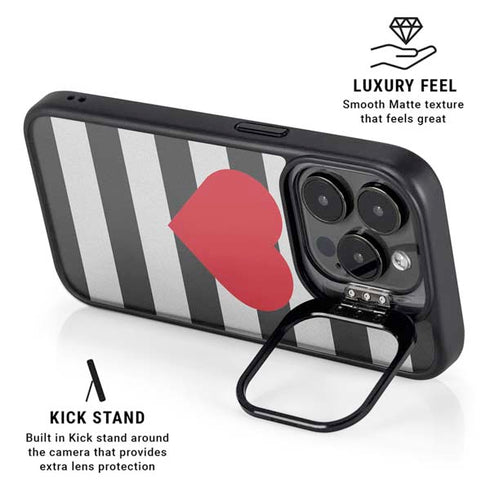 Black And White Striped Heart iPhone 15 Pro Max Kickstand Case
