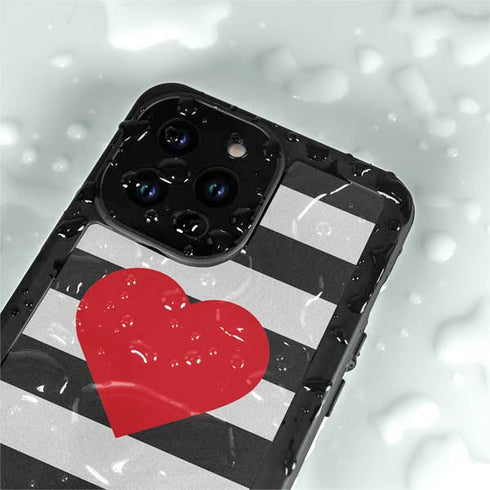 Black And White Striped Heart iPhone 15 Pro Waterproof Case