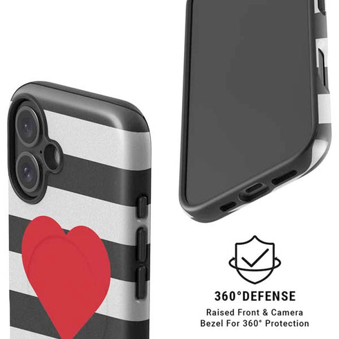 Black And White Striped Heart iPhone 16 Magsafe Impact Case