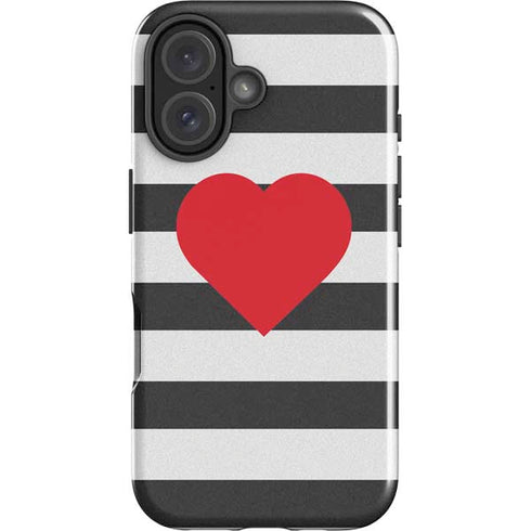 Black And White Striped Heart iPhone 16 Plus Impact Case