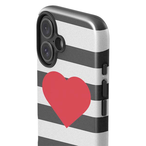 Black And White Striped Heart iPhone 16 Plus Impact Case