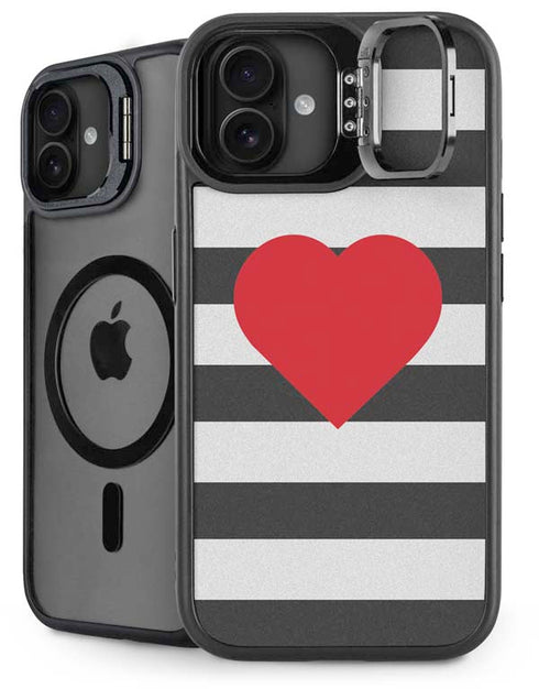 Black And White Striped Heart iPhone 16 Plus Kickstand Case