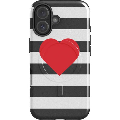 Black And White Striped Heart iPhone 16 Plus Magsafe Impact Case
