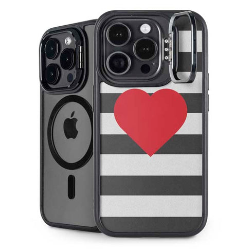 Black And White Striped Heart iPhone 16 Pro Max Kickstand Case