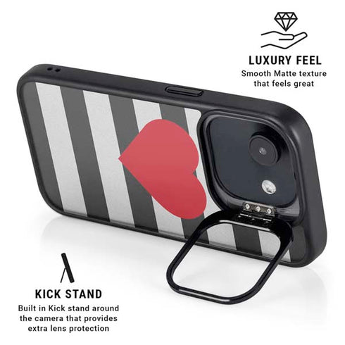 Black And White Striped Heart iPhone 16e Kickstand Case