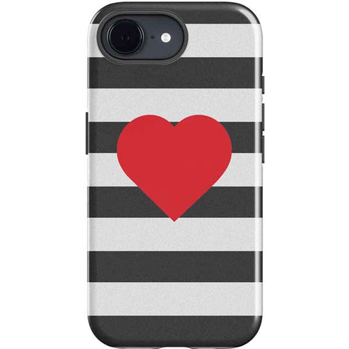 Black And White Striped Heart iPhone 16e Impact Case