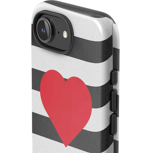 Black And White Striped Heart iPhone 16e Impact Case