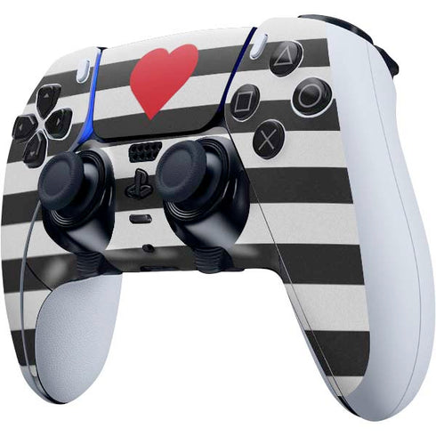 Black And White Striped Heart PS5 DualSense Edge Pro Controller Skin