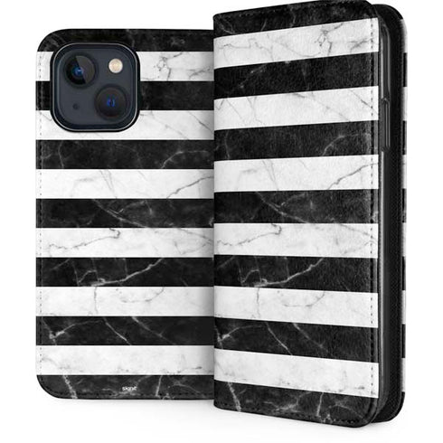 Black and White Striped Marble iPhone 15 Plus Folio Case