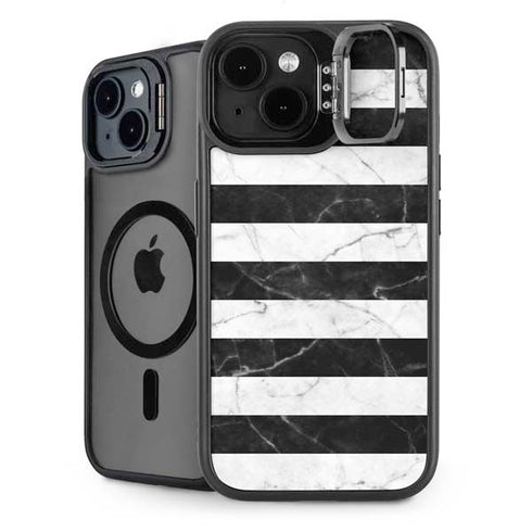 Black and White Striped Marble iPhone 15 Plus Kickstand Case
