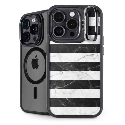 Black and White Striped Marble iPhone 15 Pro Kickstand Case