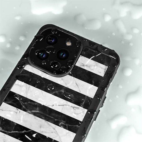 Black and White Striped Marble iPhone 15 Pro Waterproof Case