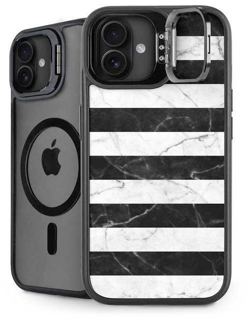 Black and White Striped Marble iPhone 16 Plus Kickstand Case