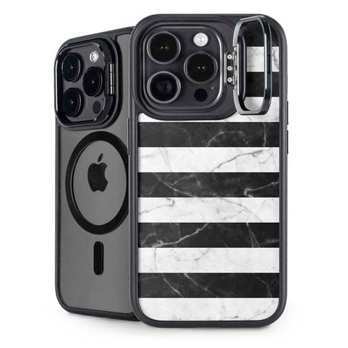 Black and White Striped Marble iPhone 16 Pro Max Kickstand Case