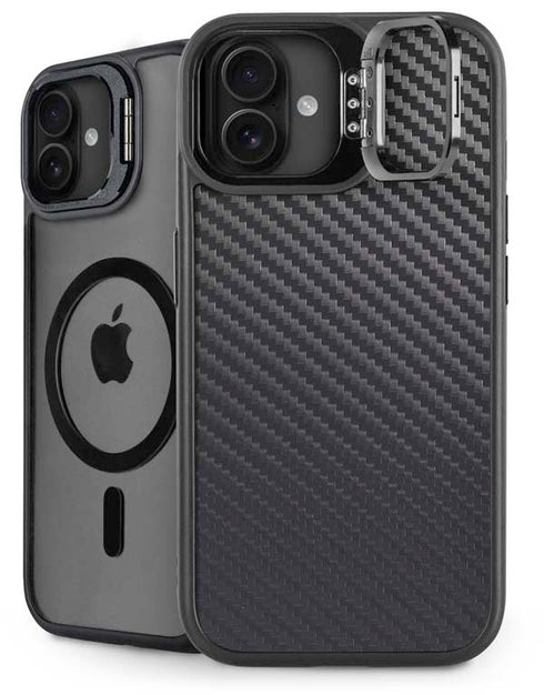 Black Carbon Fiber Specialty Texture Material iPhone 16 Plus Kickstand Case