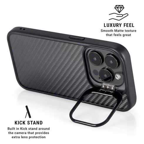Black Carbon Fiber Specialty Texture Material iPhone 16 Pro Max Kickstand Case