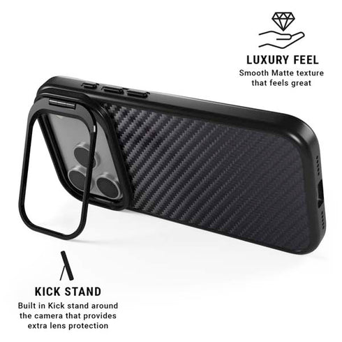 Black Carbon Fiber Specialty Texture Material iPhone 17 Pro Max Kickstand Case