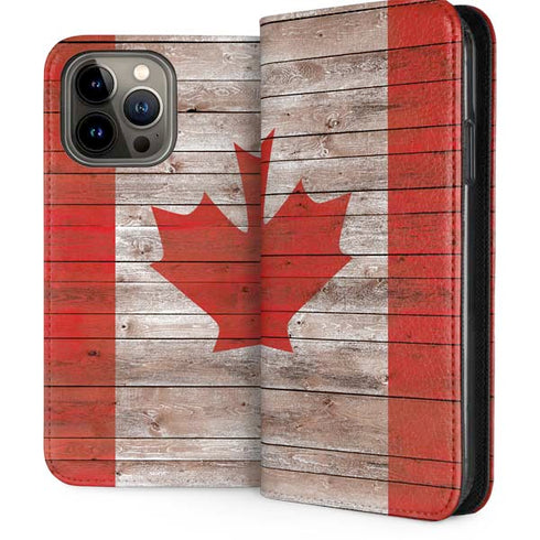 Canadian Flag Dark Wood iPhone 13 Pro Max Folio Case