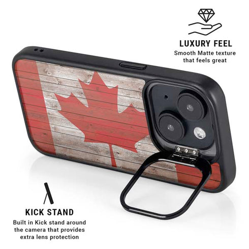 Canadian Flag Dark Wood iPhone 14 Kickstand Case