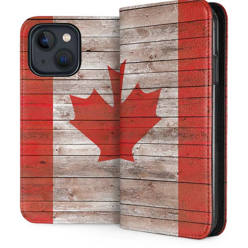 Canadian Flag Dark Wood iPhone 14 Plus Folio Case